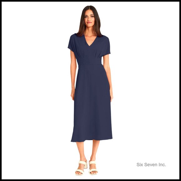 V-Neck Short Sleeve A-Line Midi Dress 100% Polyester Lined